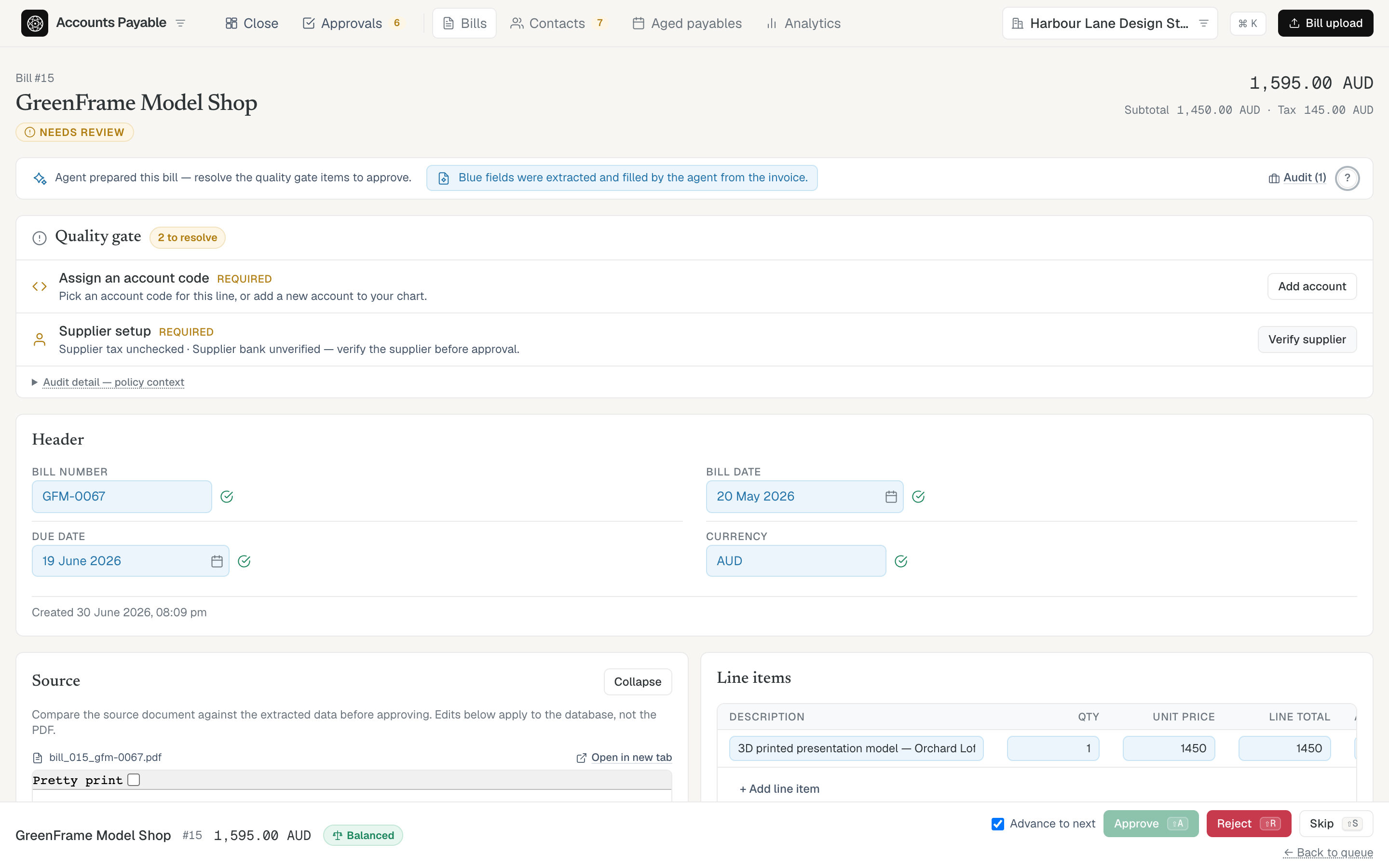 A supplier bill in review: AI-filled fields shown in blue, a quality gate to clear, and an explicit Approve / Reject decision.