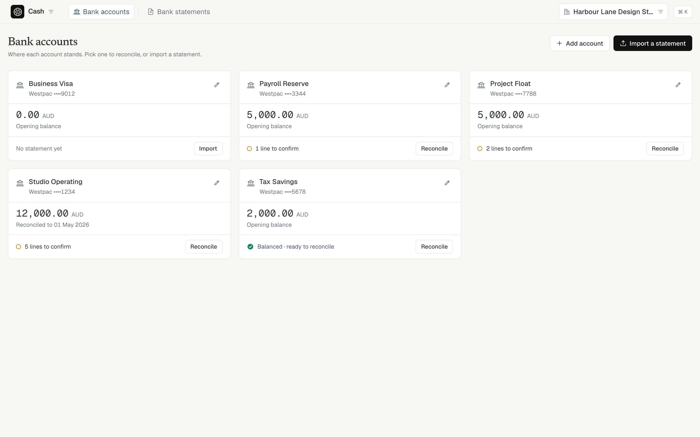The Cash workspace: bank accounts and imported statements reconciled in place, each line matched to a bill, coded to an account, or marked as a transfer.